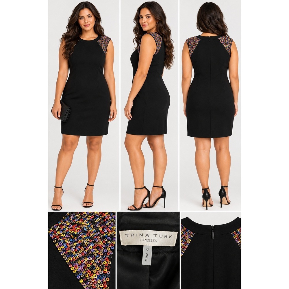 Trina Turk Black Dress Sleeveless Shift Multi Color Sequin Shoulder Size 6